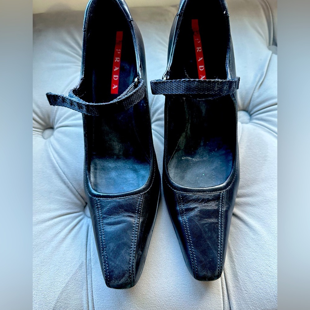 Size 8.5, black Prada Velcro and leather heels